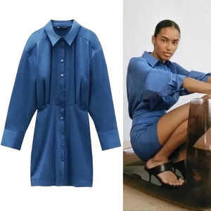 Zara Blogger Favorite Button Up Shirtdress Size Medium Long Sleeve Blue